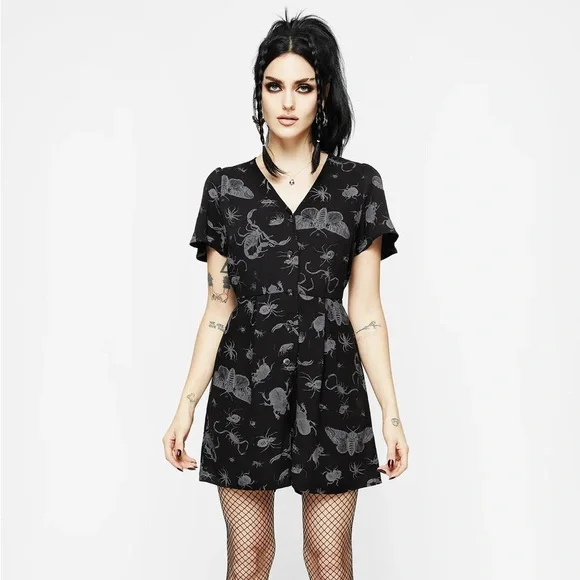 DISTURBIA Parasite Playsuit Black V-Neck Romper Bugs Print Goth w/ Tie (Size 8) - Picture 3 of 13